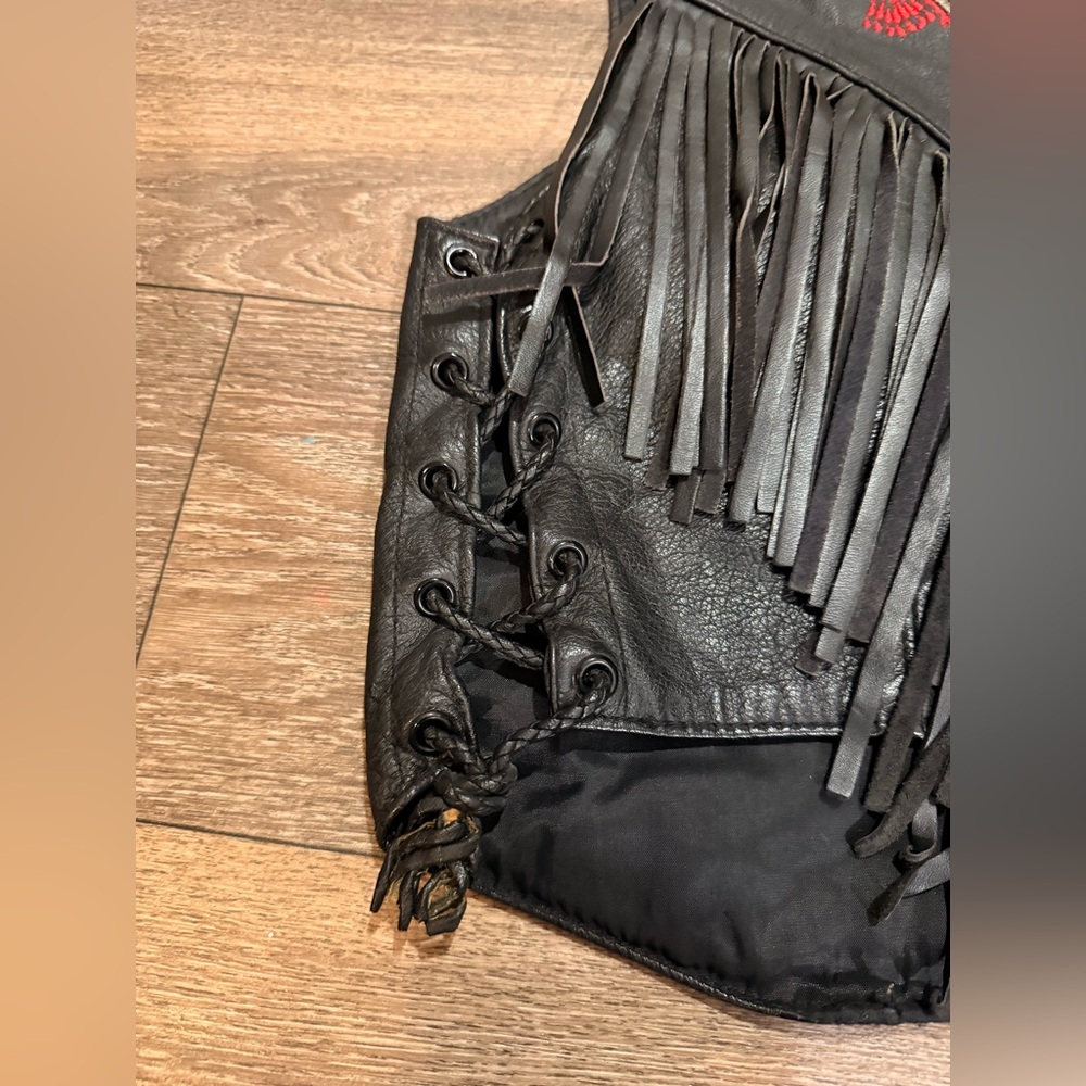 Park V Black Leather Fringe Vest Rose Dagger Embroidery Western Biker Women M - Picture 7 of 13